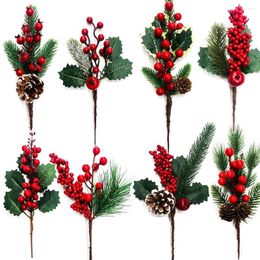 Decorative Flowers 1pc Artificial Christmas Red Berry Pine Branches Fake Needle For 2024 Neol Wreath Decoratons Xmas DIY Gifts Wrapping