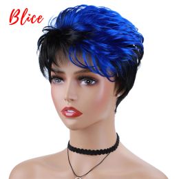 Wigs Blice Synthetic Hair Mix Color Wigs Short Wavy For Black Women Free Shipping Heat Resistant Kanekalon Wig 1B/Blue Daily