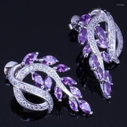 Stud Earrings Awesome Plant Purple Cubic Zirconia White CZ Silver Plated V0191