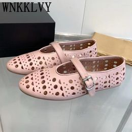 Casual Shoes Spring Summer Genuine Leather Hollow Out Loafer Women Round Toe Metal Decor Flat Ballet Comfort Walking