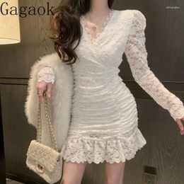 Casual Dresses Gagaok French Ruffles Bubble Sleeve V Neck Lace Mini Bodycon Dress Women Autumn Winter Vintage Sexy Fashion Vestidos