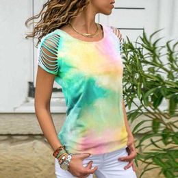 New designer Big Size Summer Women Tie Dye Print T Shirt Casual Short Sleeve Womens Hollow Out Tshirt Fashion Hole Gradient Tee Clothes