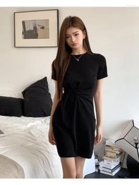 Party Dresses Summer Casual Black Dress For Women Shirring O-Neck Short Sleeve Slim Fit Wrap-around Korean Fashion Minimalist