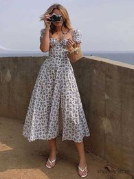 Basic Casual Dresses Dress Summer Fashion White Elegant Ladies Backless Clothes Puff Sleeve Floral Print Slit Long Dresses For Women New Arrival 2023