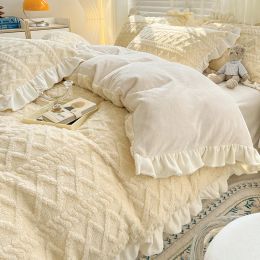 sets Luxury Winter Lace Ruffles Fleece Simple Bedding Set Coral Velvet Duvet Quilt Cover Bedsheets and Pillowcase Home Textile 4pcs