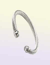 Luxurious Mens Twisted Cable Open Cuff Bangle Steel Cubic Zirconia Crystal Stone Charm Bracelets for Men Women Q07193622213