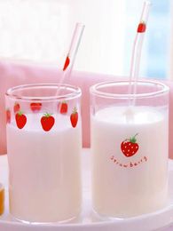 Wine Glasses 300ml Cute Strawberry Glass Cup Transparent Coffee Milk Water Juice Heat Resistant Cold Drinks Cups With Straw Birthday Gifts