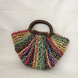 Zipper straw woven bag rainbow contrasting corn skin woven half round hand woven womens handbag 240415