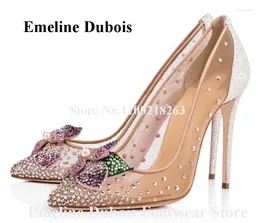 Dress Shoes Bling Rhinestones Mesh Pumps Emeline Dubois Beautiful Pointed Toe Crystals Lace Flower-knotted Stiletto Heel