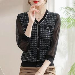 Women's Blouses Ice Silk Knitted Single-breasted Shirt Chiffon Splice Gauze Mesh Long Sleeve Mock Pocket V-Neck Loose Top Thin All-match