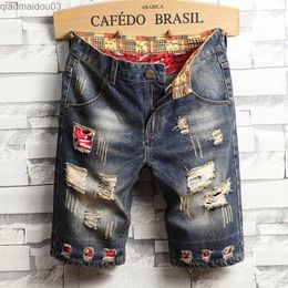 Men's Jeans Mens open front short jeans summer cotton knee length shorts breathable retro denim pants painted street clothing merchandise jeansL2404