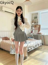 Work Dresses GkyocQ Korean Fashion Preppy Style Three Piece Sets Puff Sleeve Slim White Shirt Sleeveless Vest High Waist Pleated Mini Skirt