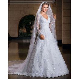 Lace Long A White Vintage Sleeves Wedding Line Deep V-Neck Formal Bridal Gowns Appliques Gorgeous Princess Bride Dress 2024 ppliques