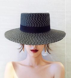 Black And White Flat Straw Hat Women Elegant Fashion Beach Seaside Vacation Sunshade Sun Protection Panama Wide Brim Hats8240073