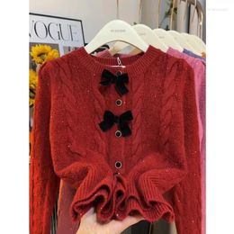 Women's Knits Y2k Loose Cardigan Single Breasted O Neck Elegant Black Bow Sueter Mujer Short Knitted Waved Sweaters Korean Sweet Women