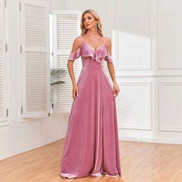 Landebahnkleider neue sexy sexy schulter vordere spitzen rüschenschlitz langen Abendkleid mit a-line sem samtramidbrautjungfernpartykleid Robe de Soire Y240426