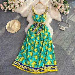 Casual Dresses Runway Fashion Maxi Dress Summer Bohemian Spaghetti Strap Lemon Print Sundress Cup Padded Belted Elegant Backless Long