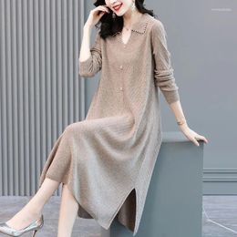 Casual Dresses Basic Solid Colour Knitted Midi Dress Women's Clothing Chic Beading V-Neck Autumn Winter Loose A-Line Split