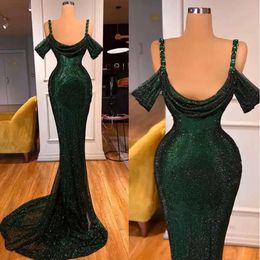 Green Dresses Mermaid Evening Dark Straps Off The Shoulder Sparkly Beaded Sequins Custom Made Formal Ocn Wear Arabic Prom Gown Vestidos