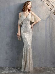 Runway Dresses Yidingzs Elegant V Neck Long Sequin Evening Dress 2021 Ny Off Shoulder Evening Party Dress Y240426