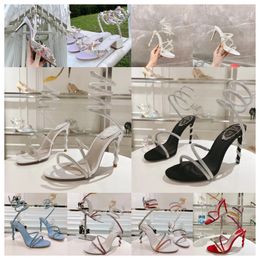 New top Luxury Designer Rene Caovilla High Heel Sandals Butterfly Flower Decorative 9.5CM Women Dress Shoes Snake Wrapped Feet Rings Summer Open Toe Pearl Shoe