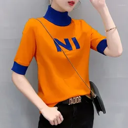 Women's T Shirts 2024 Solid Color Turtleneck Interior Lapping Ladies Fashion Pullovers Short Sleeve T-Shirts Slim Tops Undercoat Clothing