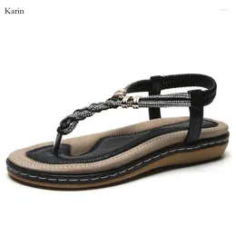 Casual Shoes Summer Braiding Rhinestone Clip T-type Roman Ladies Low Flat Outdoor Holiday