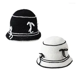 Berets 652F Sweet Crochet Bucket Hat For Woman Spring Camping Bowknot Decals Sun