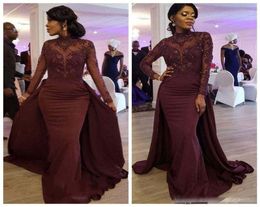 Elegant Burgundy African Mermaid Evening Dresses with high Neck Long Sleeves Appliqued Beaded Overskirt Satin Long Prom Dresses Cu9066939