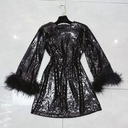 Casual Dresses 2024 Spring Fashion Sequins Feather Decoration Evening For Women O Neck Long Sleeve Elegant Lady Dress Y4776