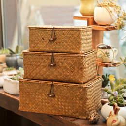 Baskets Storage Basket Woven Baskets Bins Organiser Seaweed Desktop Rattan Lids Container Shelf Seagrass Wicker Bin Rectangular Lid Box