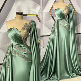 Shoulder Mermaid Satin One Green Evening Dresses Arabic Tulle Lace Applique Ruchedsweep Train Women Formal Party Wears Bc12337
