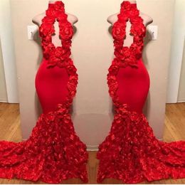 Red Lace 2019 High Neck Mermaid Long Prom Dresses Keyhole 3D Rose Floral Applique Sweep Train Party Evening Gowns Bc1038