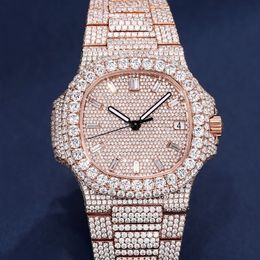 Passed Tester Fashion VVS Moissanite Luxury Watches Mens Designer Full Diamond Rose Rose Gold Plated Stainless Steel Automatic Mechaincal Watch Nice Gift