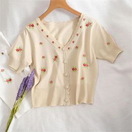 Women's Knits Korean Fashion Knit Crop Cardigan White Color Floral Embroidery Shirts V Neck Button Front Top Puff Sleeve Vintage Tops