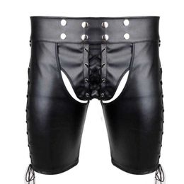 New designer Sexy Men Panties Faux Leather Side Lace-up Bondage Harness Pants Gothic Lingerie Open BuOpen Cortch Shorts Gay Fetish Underwear