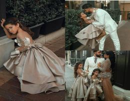 2021 Flower Girls Dresses Sheer Neck Long Sleeve Hand Made Flowers Kids Formal Wear Hi Lo Satin Girl Dress For Wedding4468666