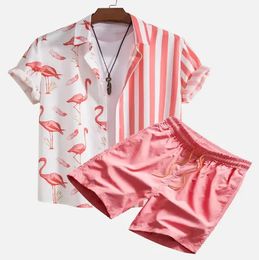 Mens Hawaiian Flamingo Strip Printed Set Casual Streetwear Button Short Sleeve Shirt Beach Shorts Set Men 2024 Summer Two-piece 240415