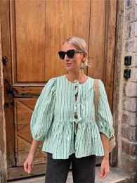 Fashion Green Striped Lace Up Shirt Women Casual O-neck Three-quarter Sleeve Loose Top Lady Pleated Hollow Out Street Blouse 240416