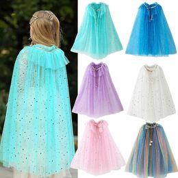 Little Girls Sequins Tulle Cape Children Princess Party Dress Up Cloaks Summer Thin Blue Pink White Halloween Birthday Costumes 240426