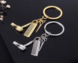 Fashion Haircut Scissor Comb Hair Dryer Keychain Key Ring Charm silver Gold Plated Key Chain bag hangs Fashion Jewelry3545283