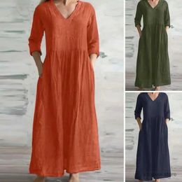 Basic Casual Dresses Women Dress V Neck Half Sleeve Pockets Solid Loose Ankle Length Soft Breathable Pleated Patchwork Lady Summer Fall Maxi Dress