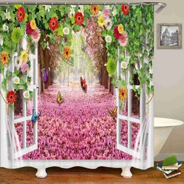 Shower Curtains landscape shower curtain bathroom curtain polyester waterproof curtain open window to flowers scenery curtain with hook 240x180