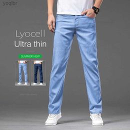 Men's Jeans Summer ultra-thin mens loose jeans Lyocell dress ice silk fashion casual stretch denim pants business straight pantsL244