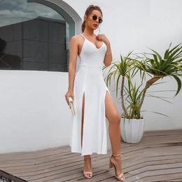 Casual Dresses Summer For Women 2024 Elegant Solid Spaghetti Strap Bodycon Dress Deep V Neck High Silt Formal Party Sexy 6390