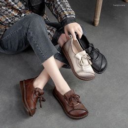 Casual Shoes 2024 Spring Chunky Loafers Women Genuine Cow Leather Platform Round Toe Lace-up Sewing Ladies Flats Handmade