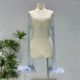 Casual Dresses Fashion Sexy Bling Mesh Feathers Rhinestone Women Dress Long Sleeves Diamond Fishnet Hollow Out See Through Evening Party