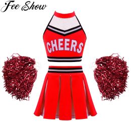 Mattresses Kids Girls Cheerleading Uniform Dance Costume Halter Mesh Patchwork Letters Printed Crop Top with Pleated Skirt and Pompoms Sets
