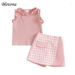 Clothing Sets Blotona Toddler Girl Summer Outfit Solid Color Frills Round Neck Sleeveless Tank Tops And Shorts 2Pcs Clothes Set 6M-4Y