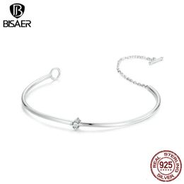 BISAER 925 Sterling Silver Simple Zircon Basic Bracelet Plated White Gold Adjustable Chain for Women DIY Charm Bead Fine Jewellery 240423